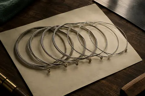 Jeu de cordes métalliques pour guitare électrique posé sur un papier ivoire dans un décor d’atelier sombre.