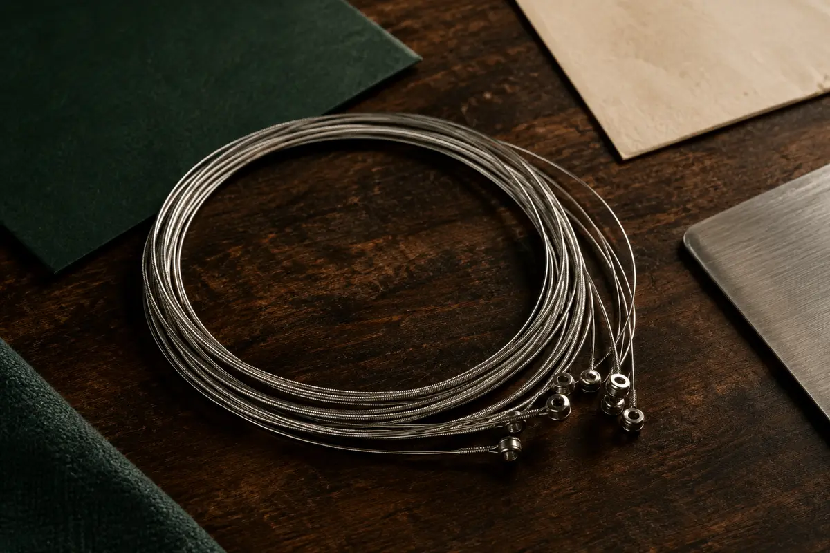 Cordes métalliques Elixir pour guitare électrique, enroulées sur un fond de bois sombre et de papier ivoire