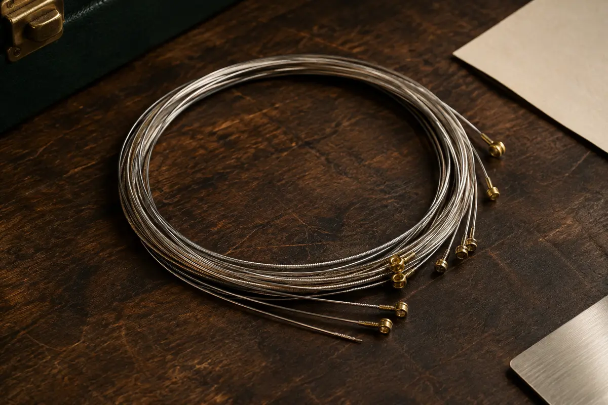 Jeu de sept cordes métalliques pour guitare électrique disposé sur un établi en bois sombre
