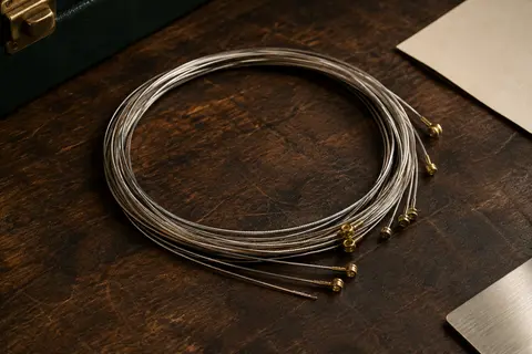 Jeu de sept cordes métalliques pour guitare électrique disposé sur un établi en bois sombre