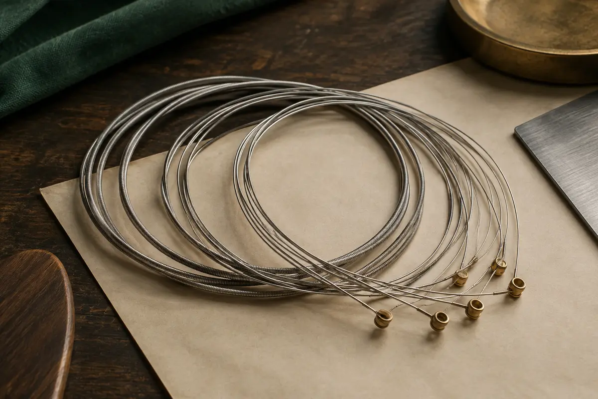 Jeu de cordes métalliques pour guitare électrique enroulées sur un fond de bois sombre et de papier ivoire