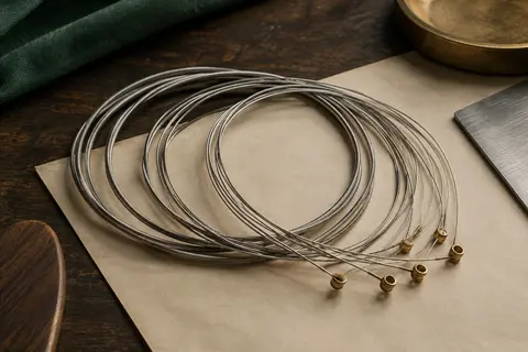 Jeu de cordes métalliques pour guitare électrique enroulées sur un fond de bois sombre et de papier ivoire
