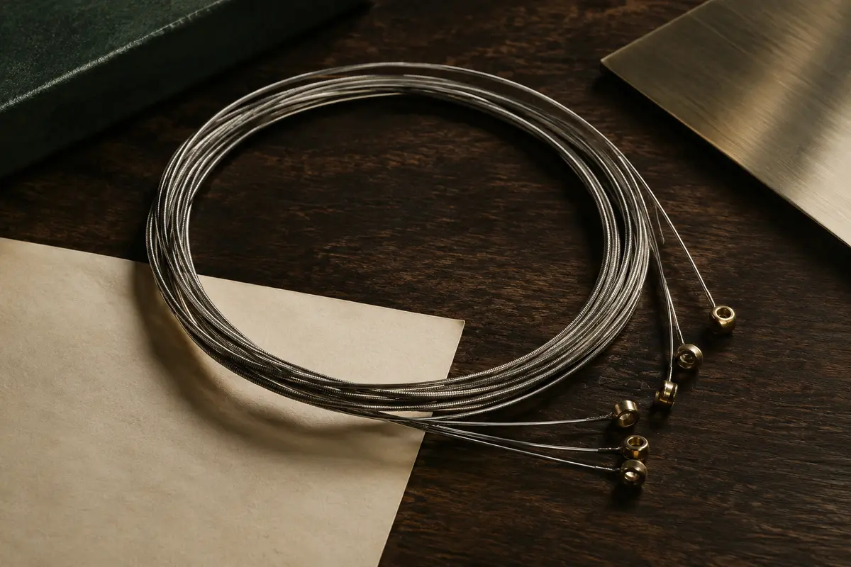 Jeu de cordes métalliques Elixir pour guitare électrique posé sur du bois sombre près de papier ivoire.