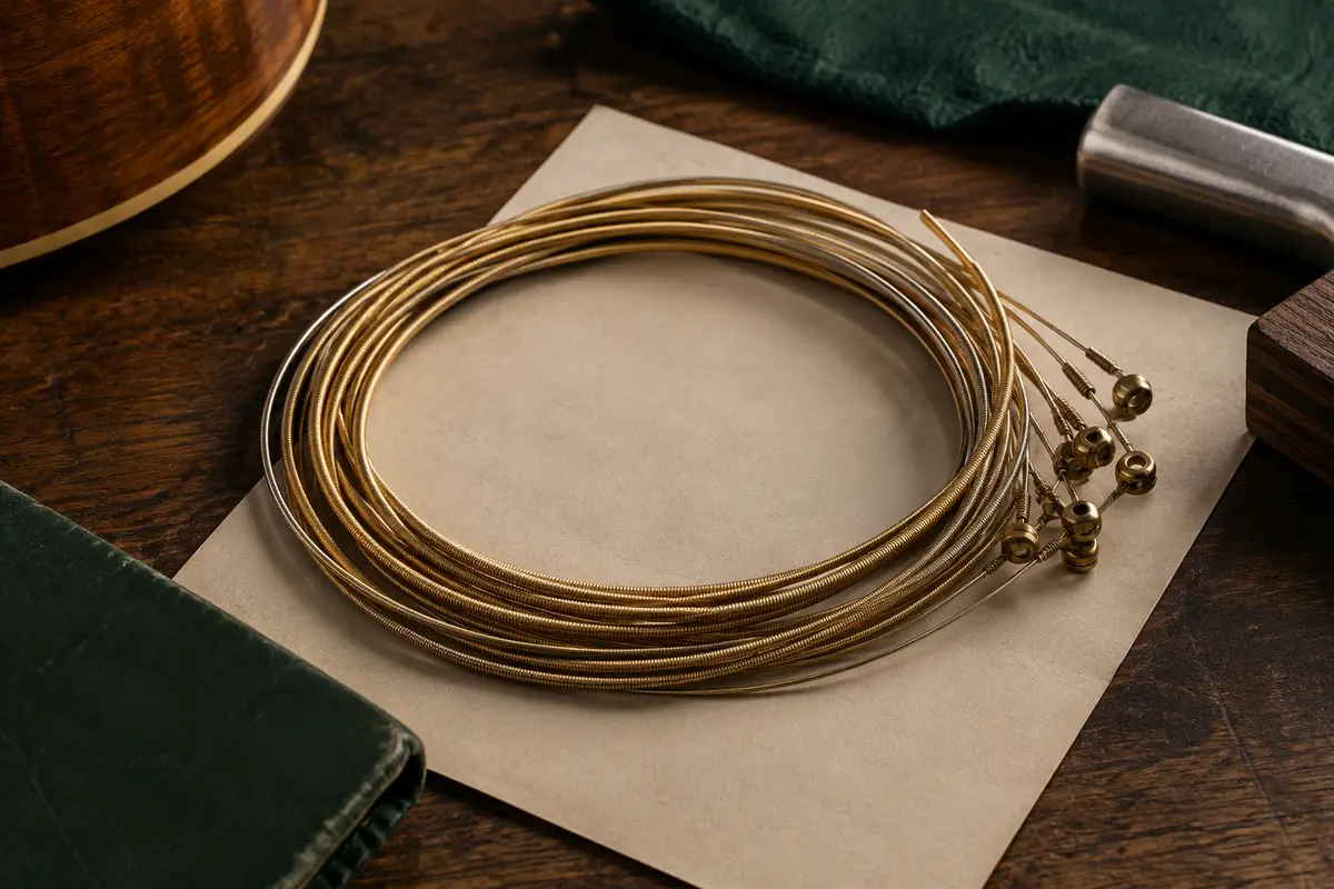 Jeu de cordes acoustiques en bronze 80/20 enroulées sur un établi de bois sombre