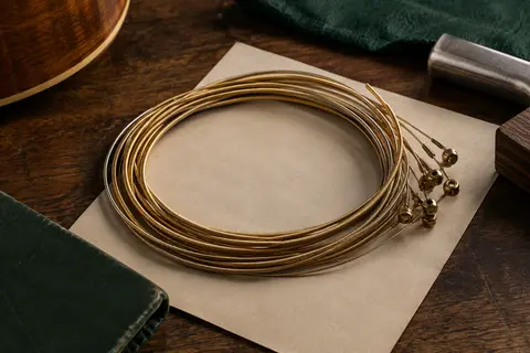 Jeu de cordes acoustiques en bronze 80/20 enroulées sur un établi de bois sombre