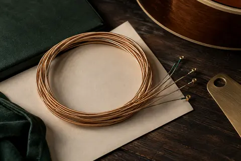 Cordes acoustiques en bronze phosphoreux enroulées sur un fond de bois sombre et de papier ivoire