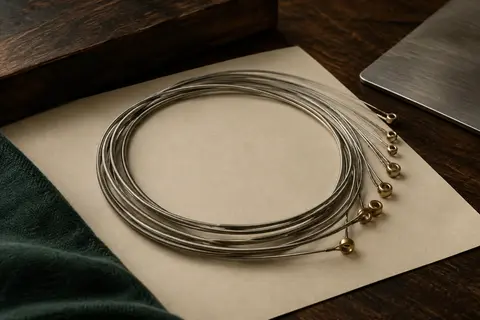 Jeu de cordes métalliques enroulées pour guitare électrique à sept cordes, posé sur du papier ivoire.