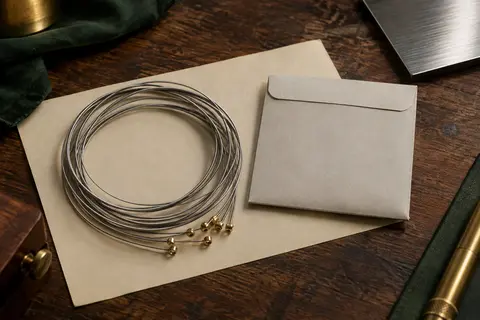Jeu de cordes électriques Elixir Nanoweb en acier plaqué nickel posé sur un établi en bois sombre