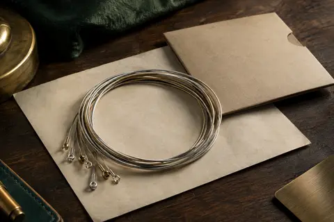 Jeu de cordes métalliques pour guitare acoustique disposé sur du papier ivoire et du bois sombre.