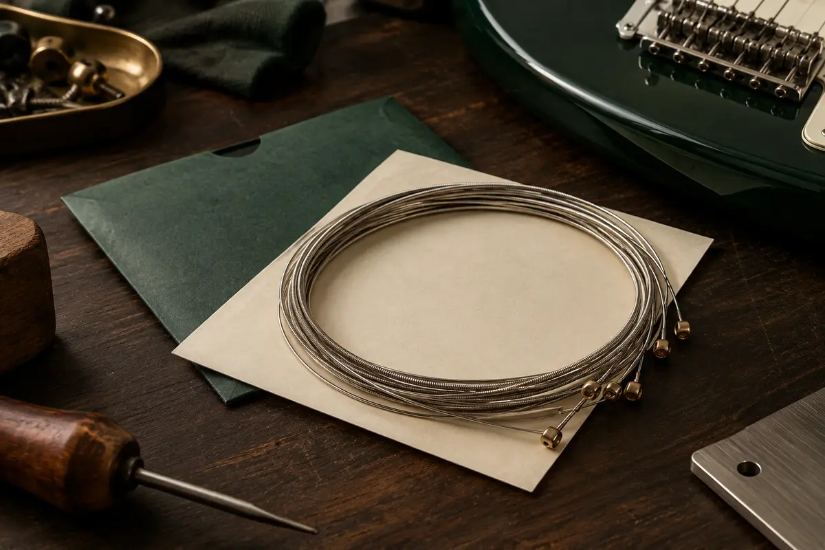 Jeu de cordes métalliques pour guitare électrique enroulées sur un fond de bois sombre et de papier ivoire