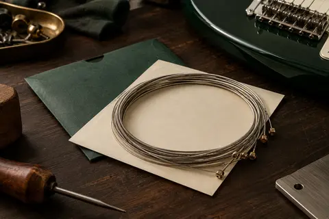 Jeu de cordes métalliques pour guitare électrique enroulées sur un fond de bois sombre et de papier ivoire