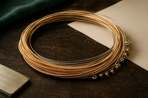 Jeu de cordes acoustiques à 12 cordes en bronze phosphoreux, posé sur un fond de bois sombre