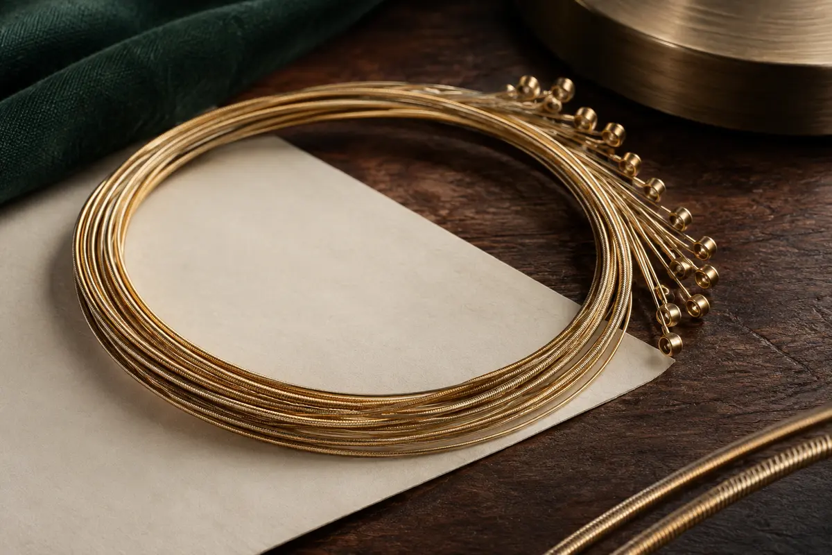 Jeu de cordes dorées en bronze 80/20 pour guitare acoustique à 12 cordes, posé sur un fond de bois sombre