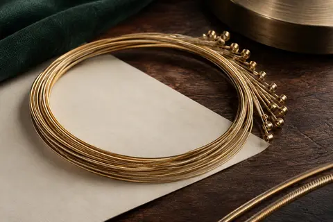 Jeu de cordes dorées en bronze 80/20 pour guitare acoustique à 12 cordes, posé sur un fond de bois sombre