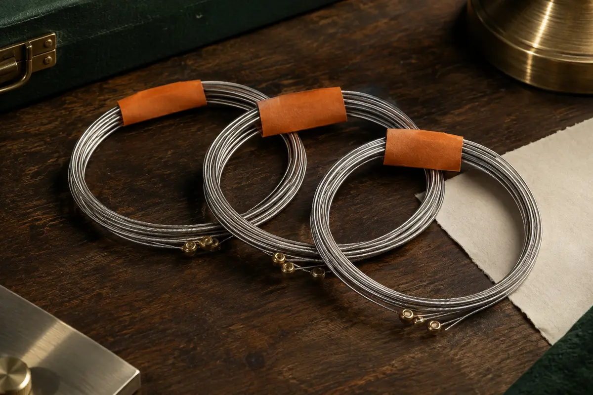 Trois jeux de cordes métalliques pour guitare électrique présentés en boucles sur un établi sombre