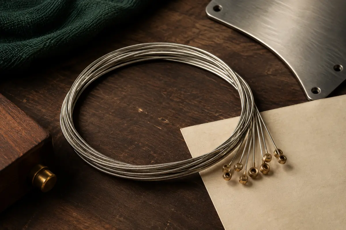 Cordes métalliques Fender enroulées sur un fond de bois sombre avec des détails de papier ivoire et de métal brossé.