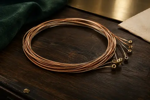 Jeu de cordes acoustiques en phosphore bronze enroulées sur un fond d’atelier sombre aux tons chauds.