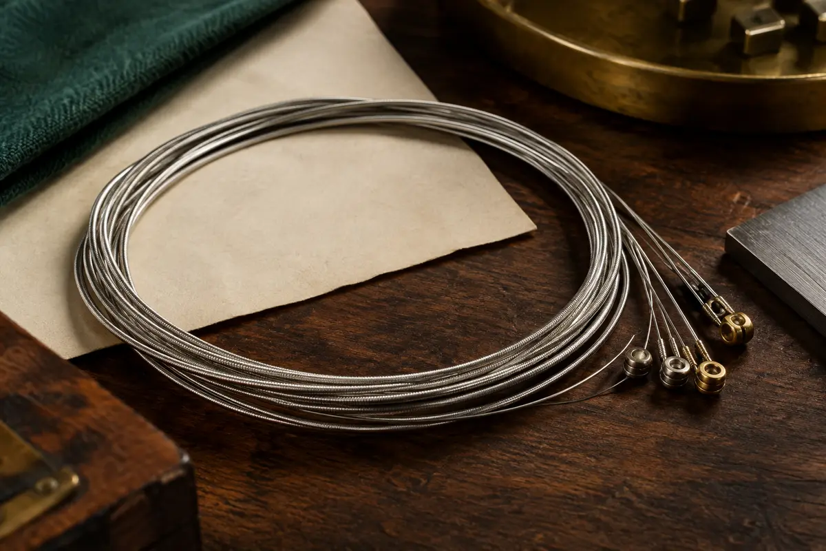 Jeu de cordes métalliques nickelées pour guitare électrique, enroulées avec leurs extrémités à boule visibles