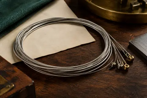 Jeu de cordes métalliques nickelées pour guitare électrique, enroulées avec leurs extrémités à boule visibles