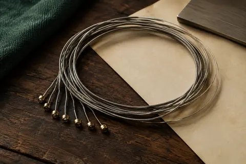 Jeu de six cordes de guitare électrique en acier nickelé, enroulées sur un fond de bois sombre.
