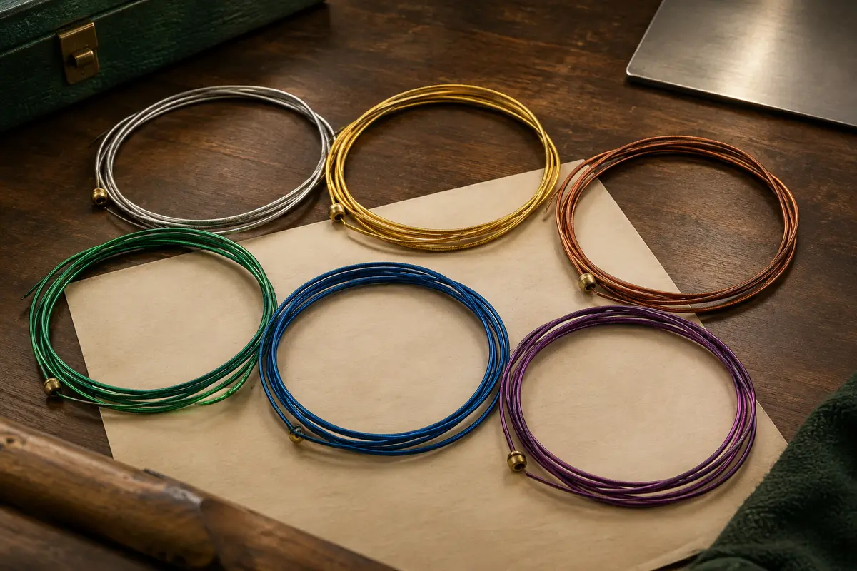 Six cordes en acier multicolores disposées en boucles sur un fond de bois sombre et de papier ivoire