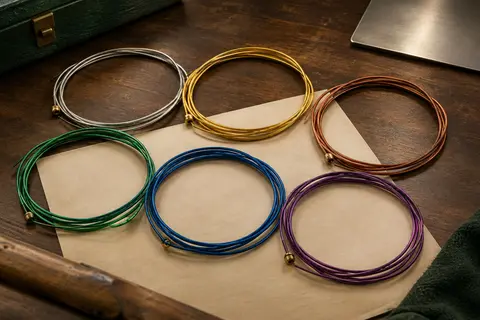 Six cordes en acier multicolores disposées en boucles sur un fond de bois sombre et de papier ivoire