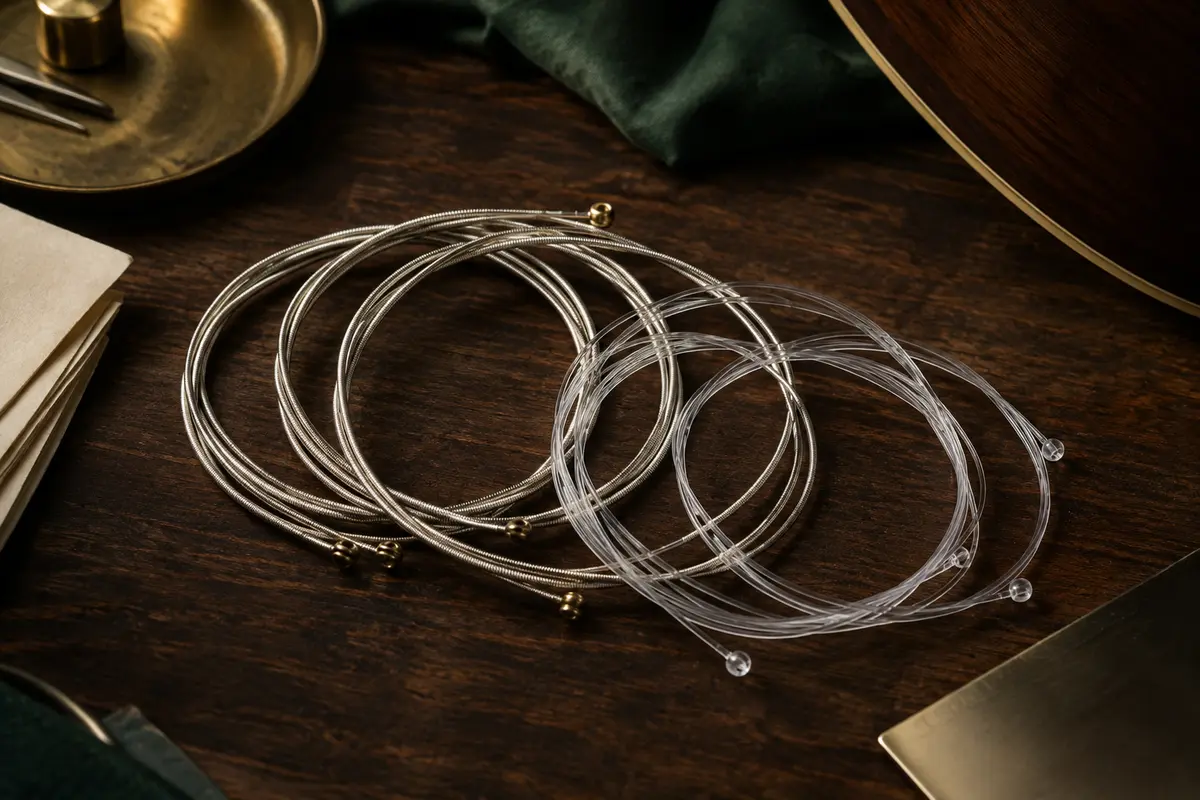Jeu de cordes classiques avec aiguës en nylon transparent et basses filées argentées sur fond de bois sombre