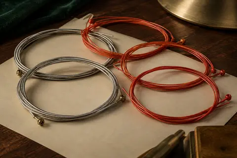 Jeu de cordes flamenca avec aiguës en nylon rouge orangé et basses filées argentées sur fond de bois sombre.