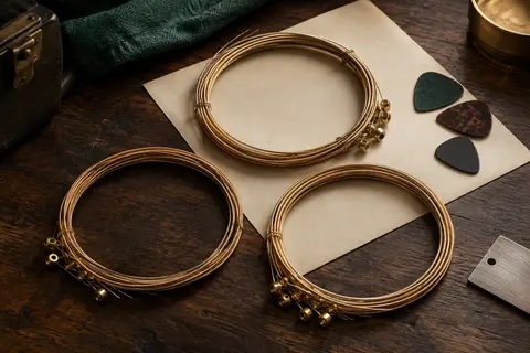 Jeux de cordes acoustiques en bronze phosphoreux enroulés sur un établi en bois sombre avec des médiators