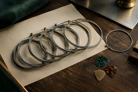 Jeu de cordes en acier pour guitare électrique avec corde E1 supplémentaire et trois médiators sur un établi sombre