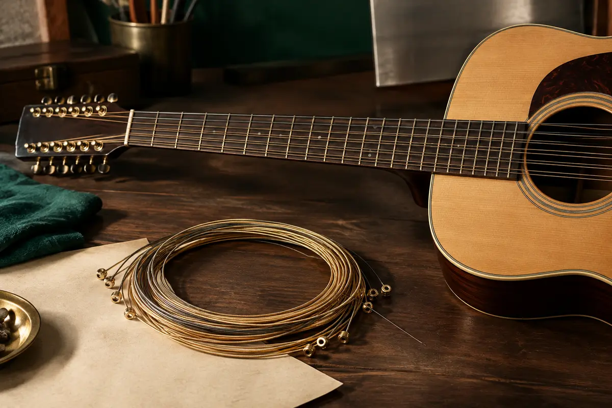 Jeu de cordes acoustiques en bronze enroulées, posé près d’une guitare à douze cordes sur un fond de bois sombre.