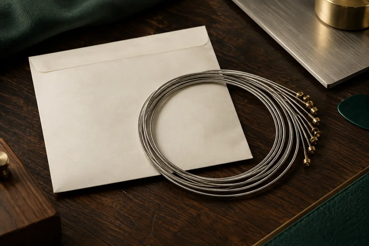 Jeu de cordes nickel pour guitare électrique à sept cordes posé sur un établi sombre.
