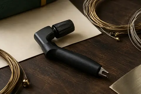Tourne-mécaniques noir avec tire-pointes de chevalet posé sur un établi en bois sombre.