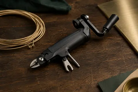 Outil noir pour cordes de guitare avec manivelle, pince coupante et extracteur de broches