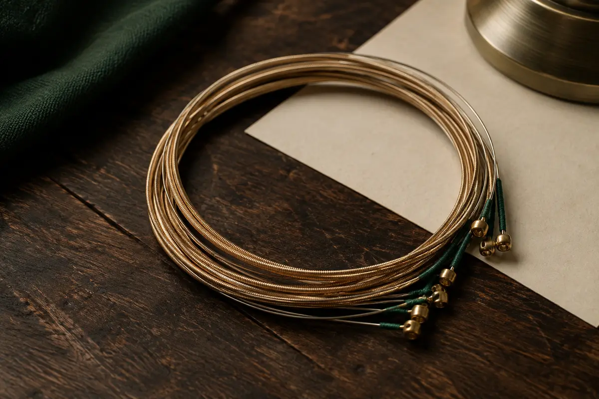 Jeu de cordes acoustiques bronze 80/20 enroulé, avec extrémités enveloppées de soie sur un établi sombre