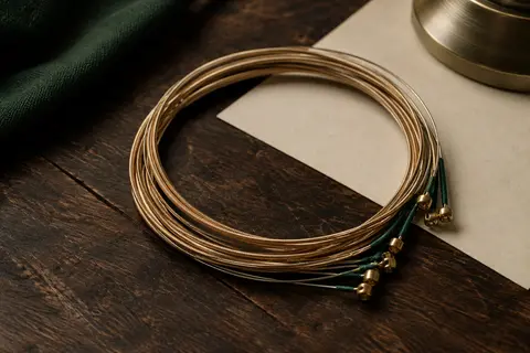 Jeu de cordes acoustiques bronze 80/20 enroulé, avec extrémités enveloppées de soie sur un établi sombre