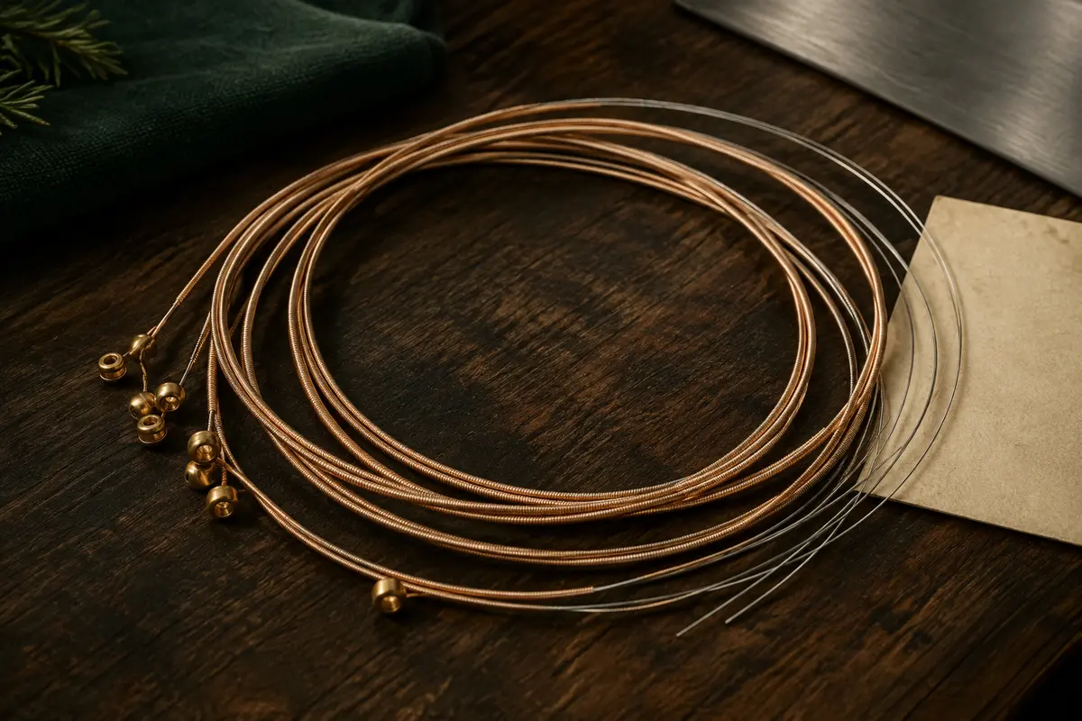 Jeu de six cordes acoustiques en bronze phosphoreux posé en boucles sur un fond de bois sombre.