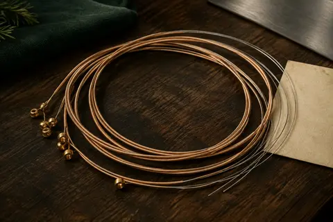 Jeu de six cordes acoustiques en bronze phosphoreux posé en boucles sur un fond de bois sombre.