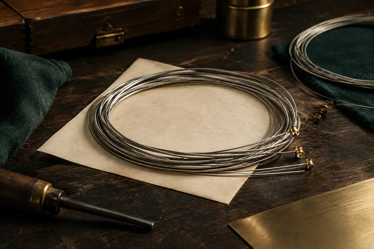 Cordes métalliques enroulées pour guitare acoustique à douze cordes, posées sur un établi en bois sombre.