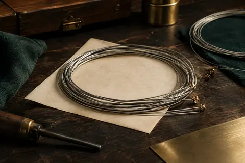 Cordes métalliques enroulées pour guitare acoustique à douze cordes, posées sur un établi en bois sombre.