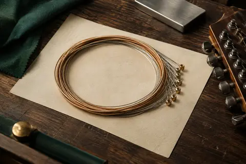 Cordes acoustiques en bronze phosphoreux disposées sur du papier ivoire et un établi en bois sombre.