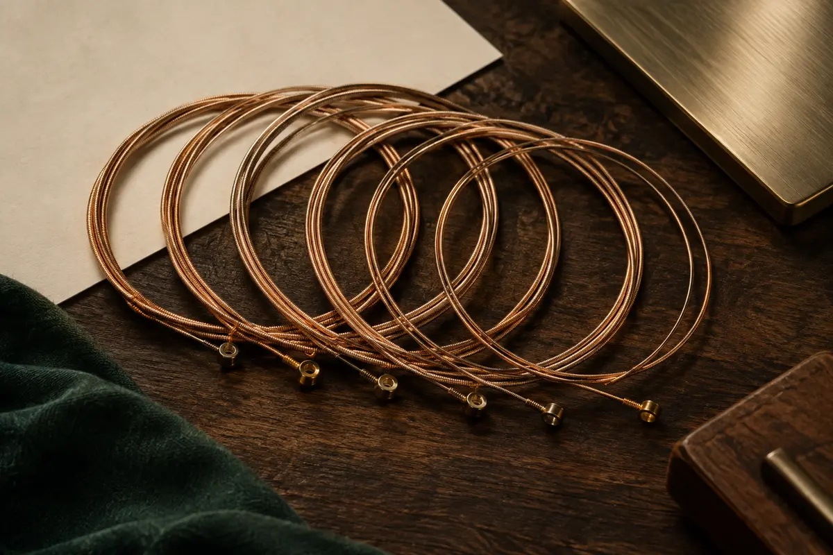 Jeu de cordes acoustiques en bronze phosphoreux enroulées sur un fond de bois sombre.