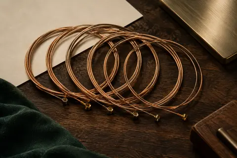 Jeu de cordes acoustiques en bronze phosphoreux enroulées sur un fond de bois sombre.
