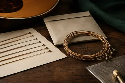 Jeu de six cordes acoustiques en bronze phosphoreux posé sur du bois sombre et du papier ivoire