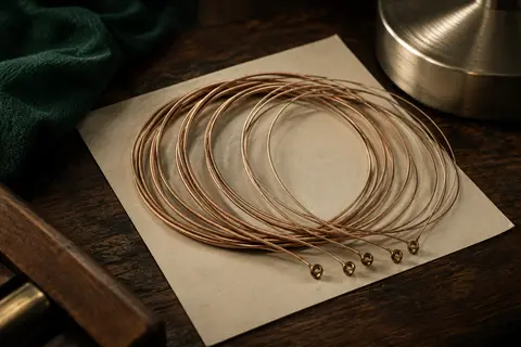 Jeu de six cordes de guitare acoustique en bronze phosphoreux posé sur un fond d’atelier sombre.