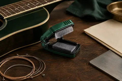 Nettoyeur double face vert et noir posé sur un établi en bois près des cordes d’une guitare