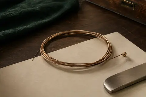 Corde Savarez 525R enroulée sur un fond de bois sombre et de papier ivoire