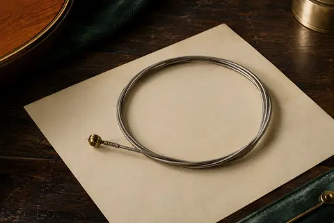 Corde simple de guitare classique en nylon plaqué argent, enroulée sur un fond de bois sombre