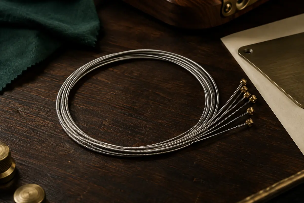 Jeu de six cordes métalliques grises pour guitare électrique posé sur un établi en bois sombre