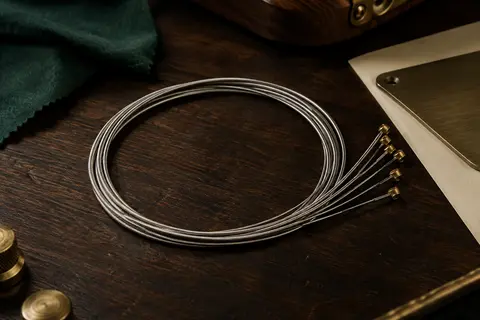 Jeu de six cordes métalliques grises pour guitare électrique posé sur un établi en bois sombre